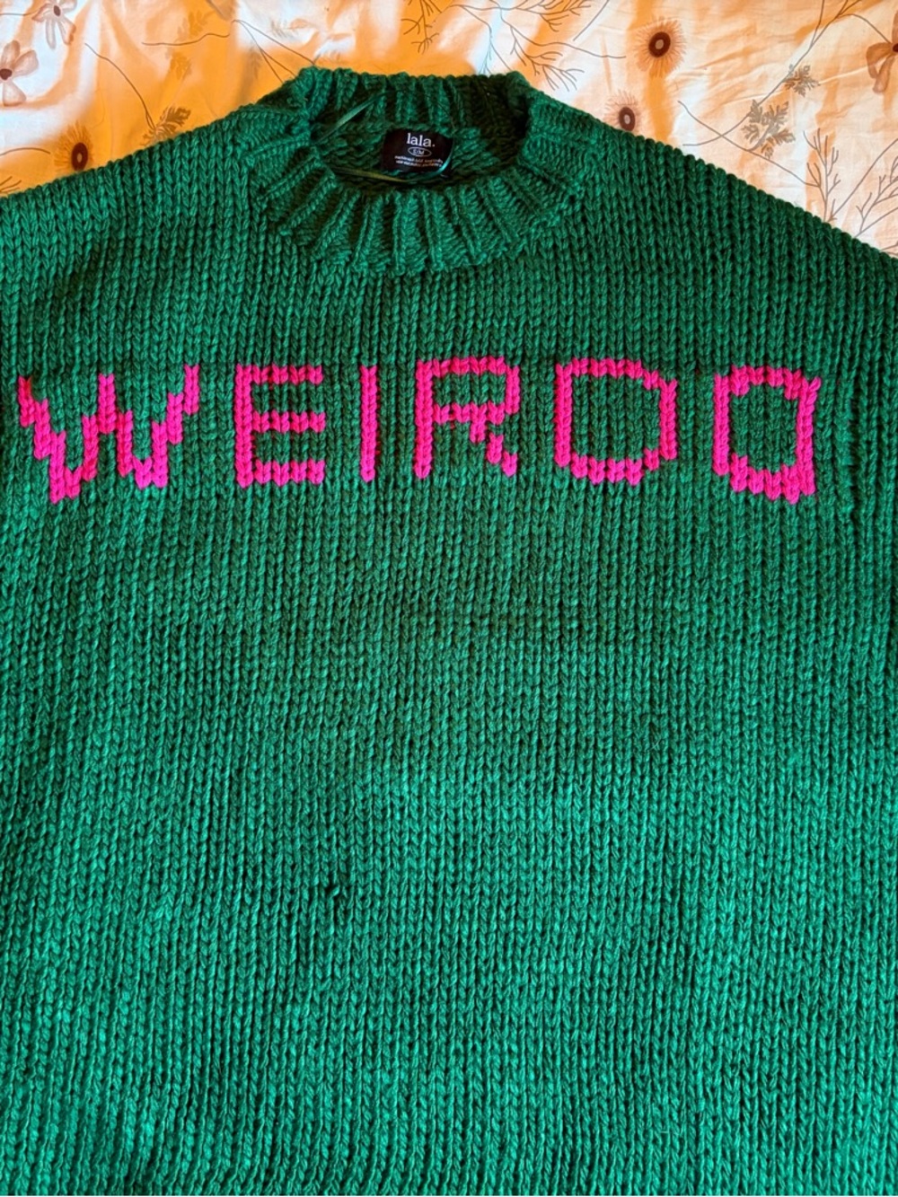 Dressed in LALA Green Sweater with Pink "WEIRDO" Knit